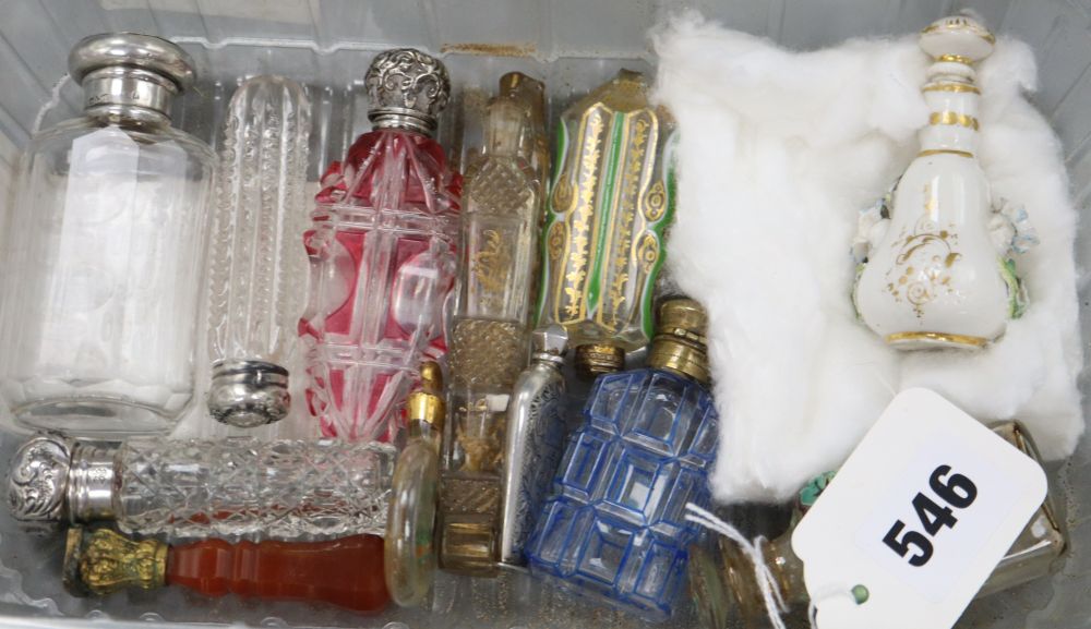 A small collection of assorted scent bottles including silver-mounted and an agate-handled gilt metal seal.